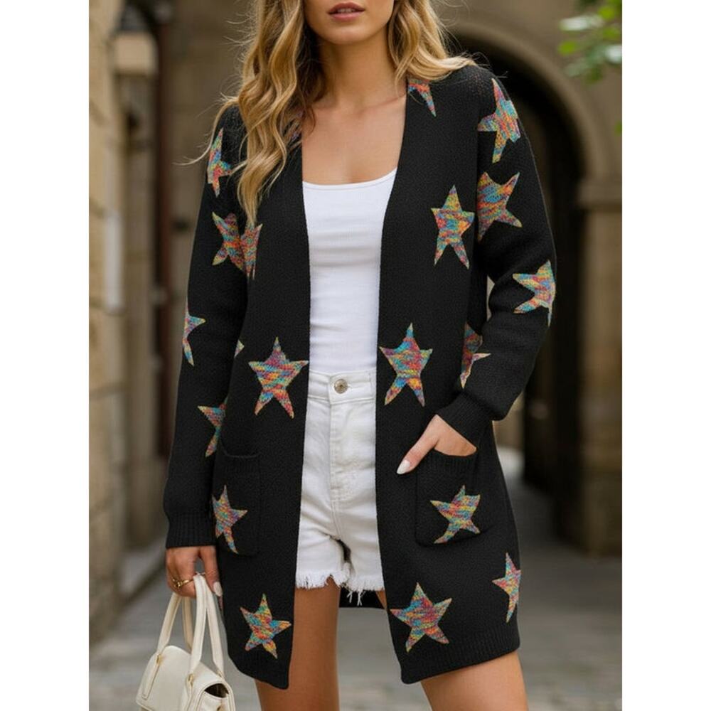 Unbranded Black Multicolor Five Point Star Oversized Sweater Cardigan sz XL
